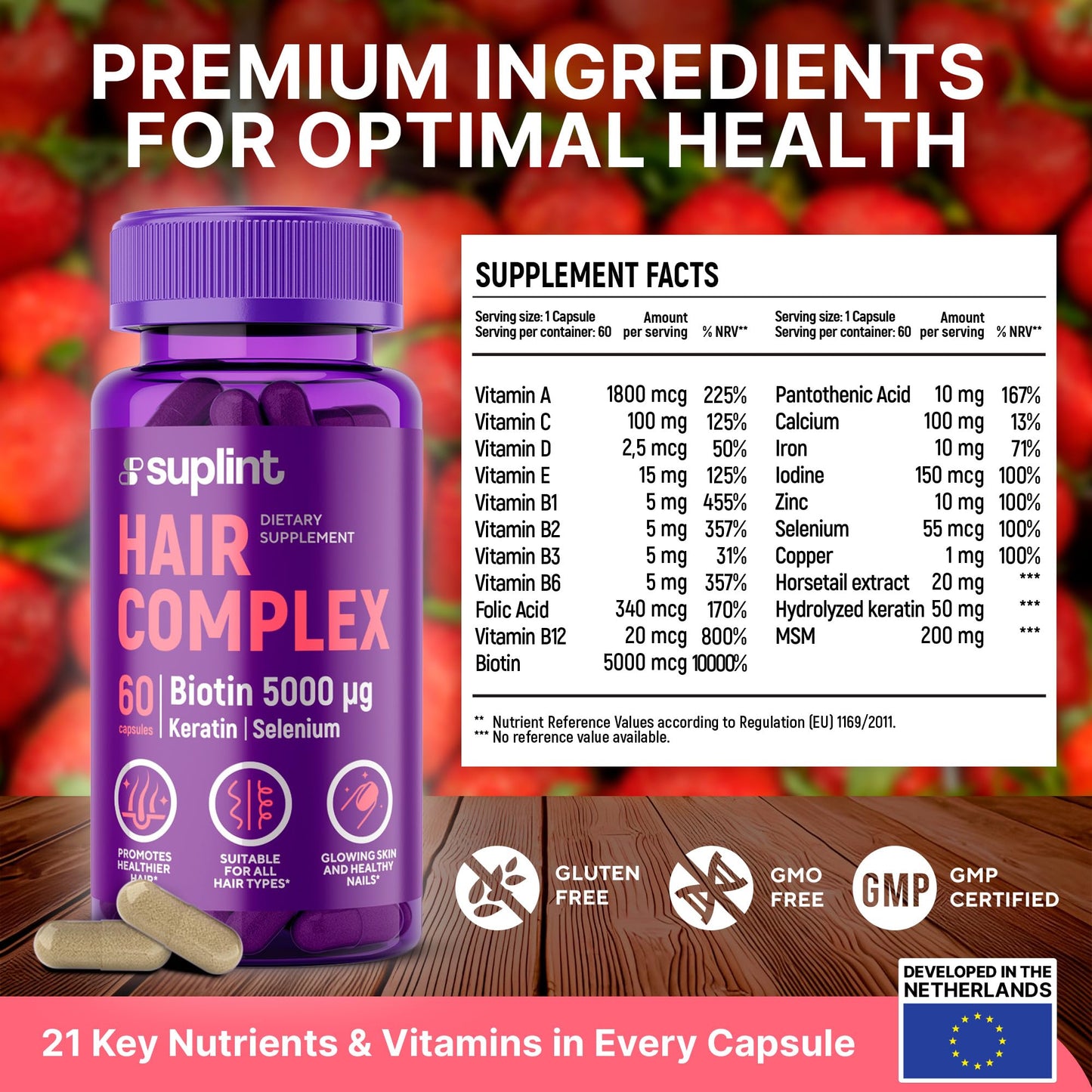 SUPLINT Hair Vitamin Complex with Biotin 5000mcg, Keratin, Selenium & Zinc 60 Capsules
