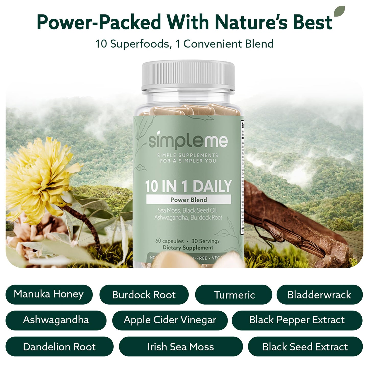 SIMPLEME Burdock Root Organic and Bladderwrack 10 in 1 Immunity Booster Power Blend with Irish Sea Moss, Ashwagandha and Black Seed Supplement for Men and Women, Seamoss Pills Herbal, Vegan Capsules, 60 Capsules