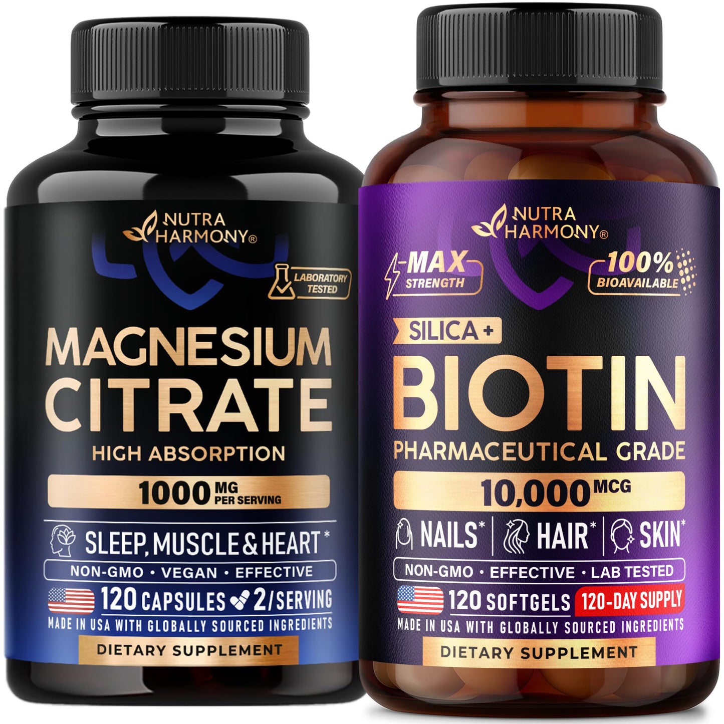 NUTRAHARMONY Magnesium Citrate Capsules & Biotin with Silicon Softgels, 240