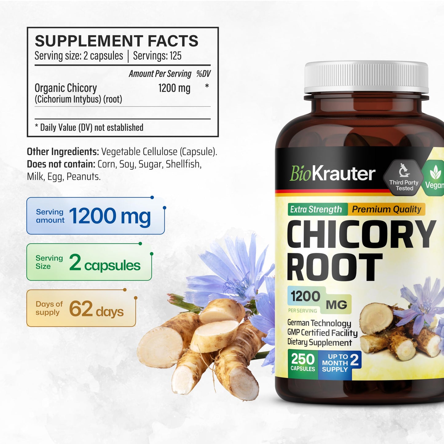 BIO KRAUTER Chicory Root for Gut & Digestive Support Capsule, 250 Count