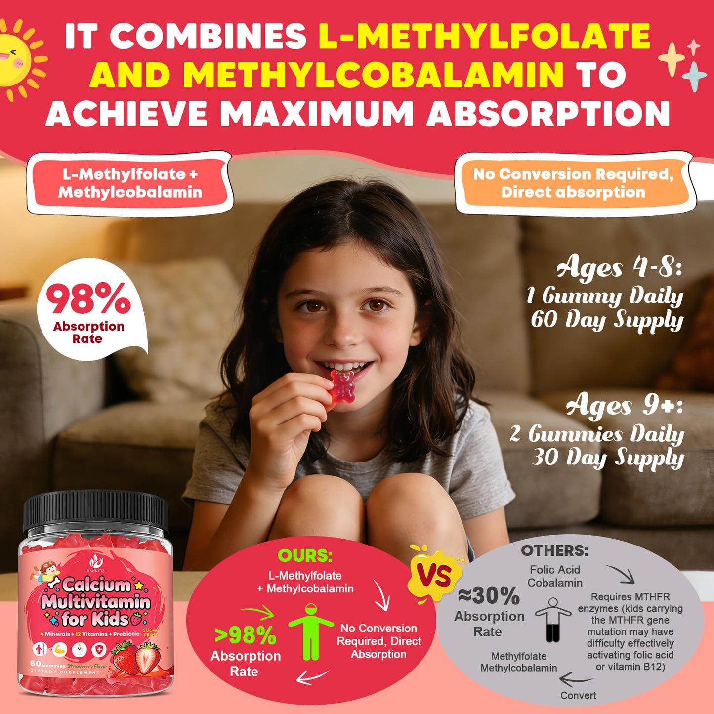 JIANKYTZ Sugar Free Calcium Multivitamin Gummies for Kids with Methyl B12 & Methylfolate, Calcium, Vitamins C, D, A, B1, B2, B6, Biotin, Magnesium - Nutritional, Immune, Bone Support, 120 Gummies