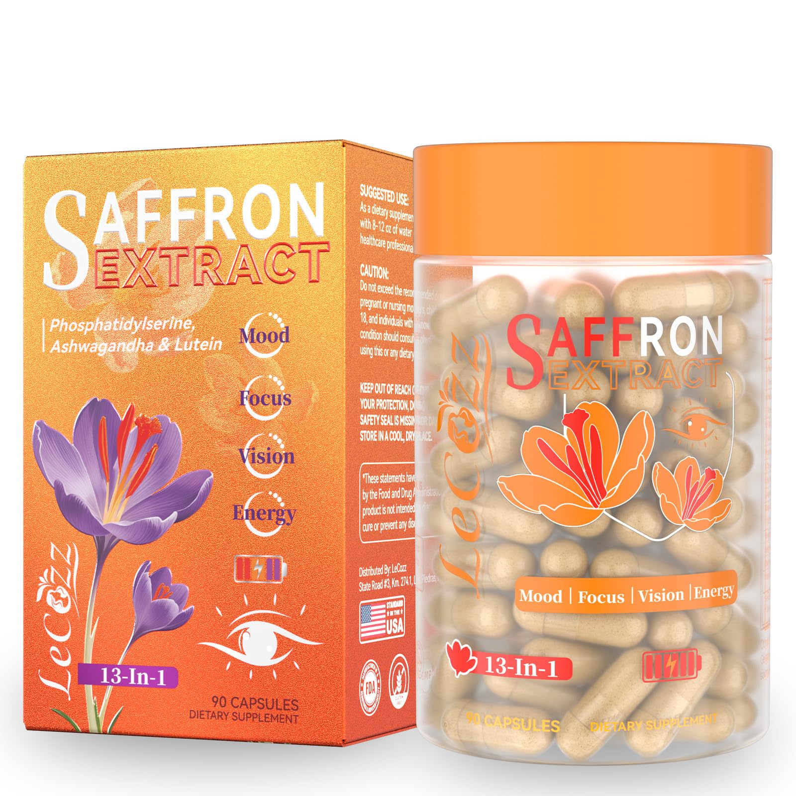 LeCozz Organic Saffron Extract with Ashwagandha, 90 Capsules