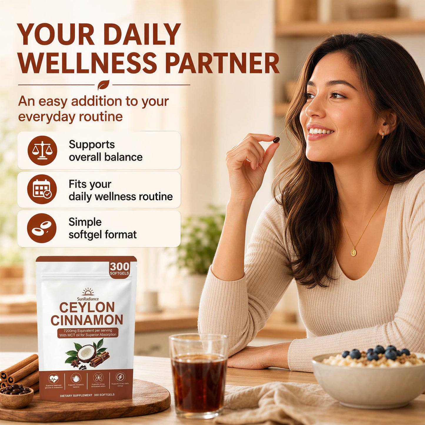 Sun Radiance Ceylon Cinnamon Softgels 600mg with MCT Oil - High Bioavailability Digestive Comfort & Overall Wellness, 300 Softgels