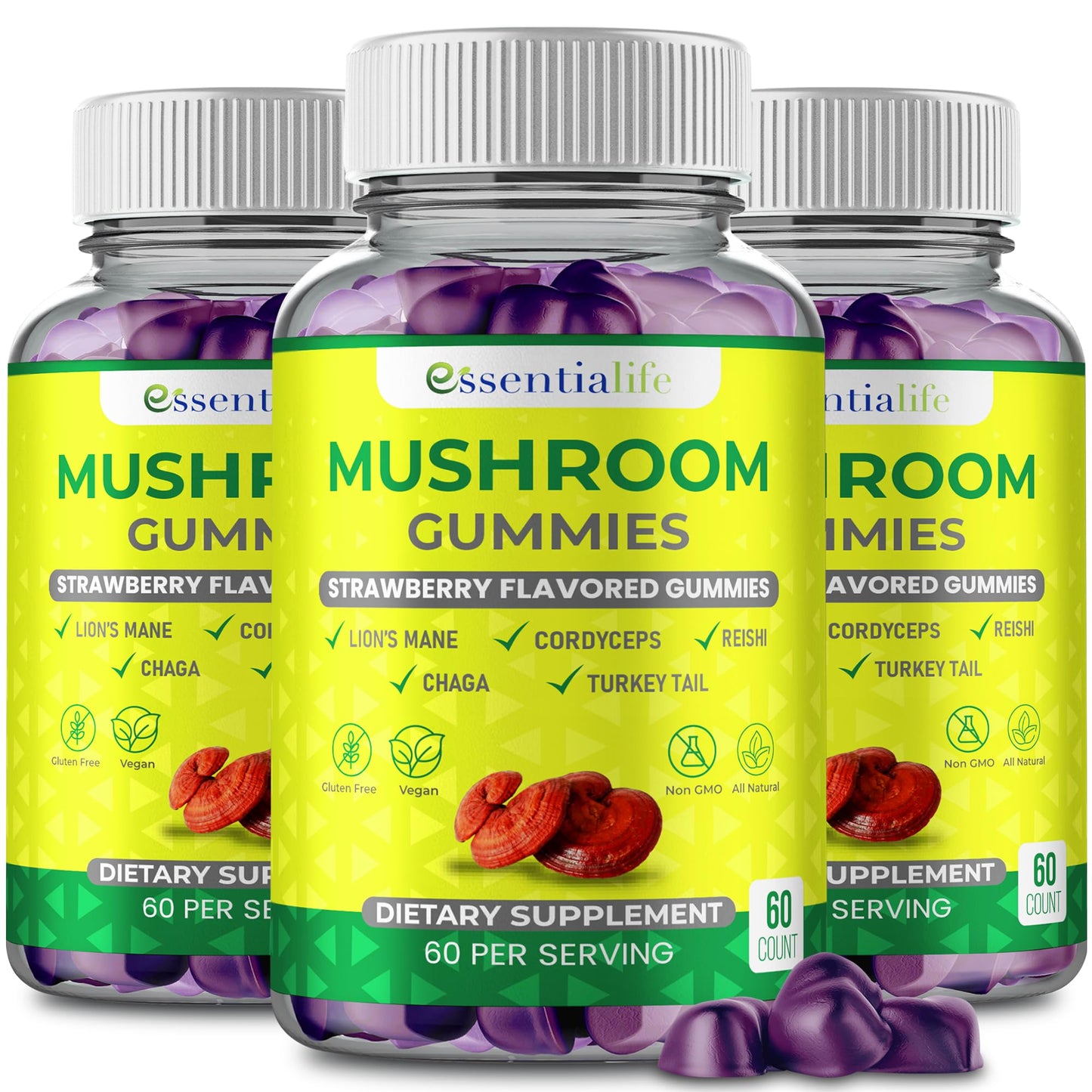 Essentialife Mushroom Gummies Lions Mane Supplement, 180 Count