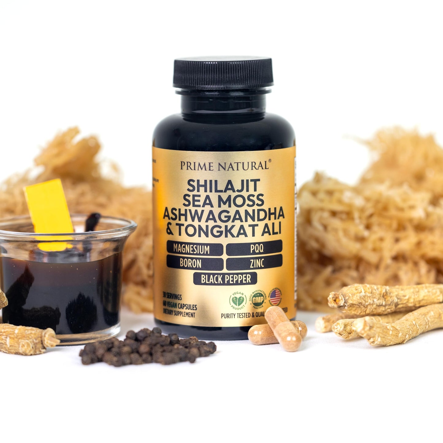 Prime Natural Shilajit 1000mg, Irish Sea Moss 100mg, Ashwagandha 100mg, Tongkat Ali, Boron, Magnesium, PQQ & More Capsule, 60 Capsules