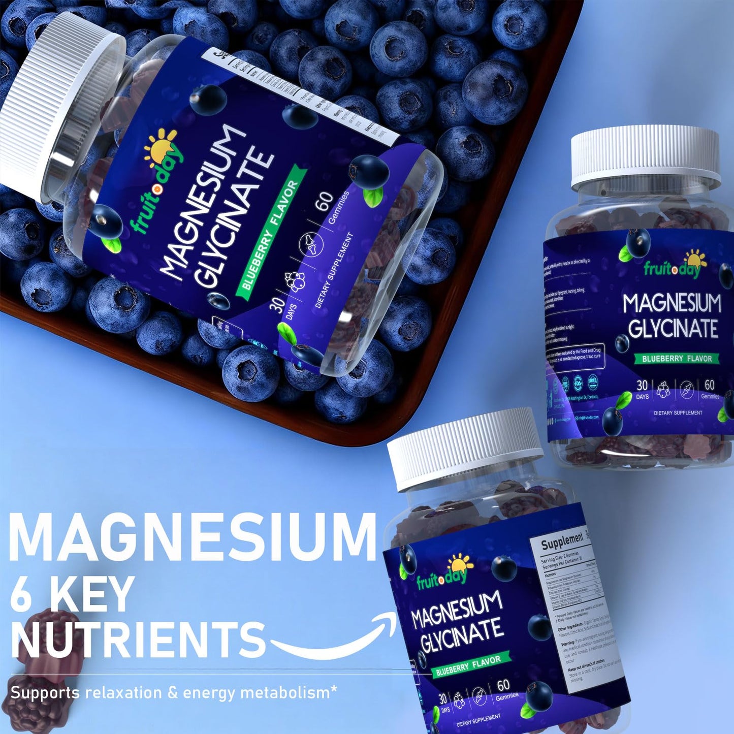 Fruitoday Magnesium Glycinate Gummies for Adults with Vitamin D3 & B6, Blueberry Flavor, 60 Gummies