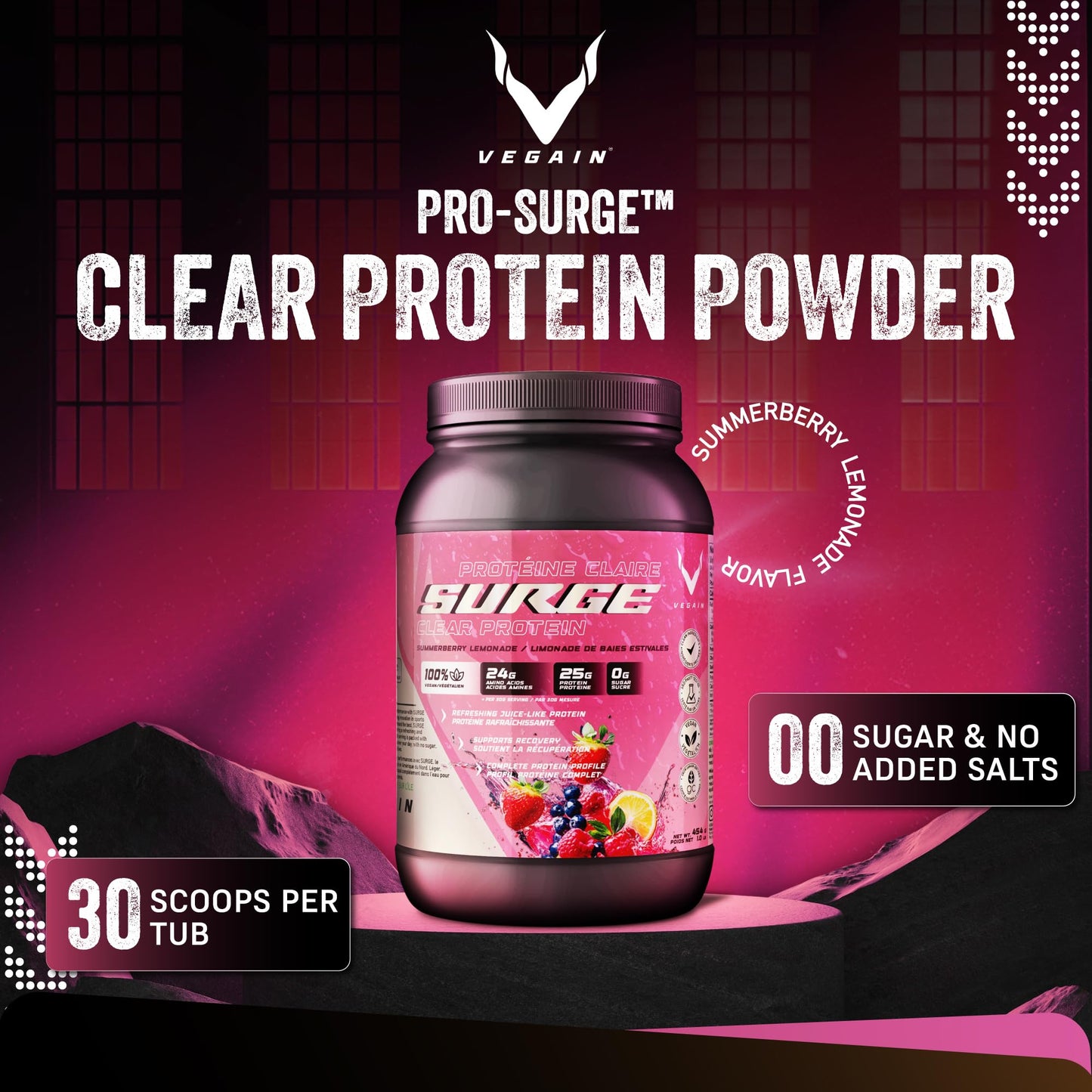 VEGAIN PRO-SURGE Clear Protein + Electrolytes - Summerberry Lemonade - Plant-Based Protein Isolate Powder 16