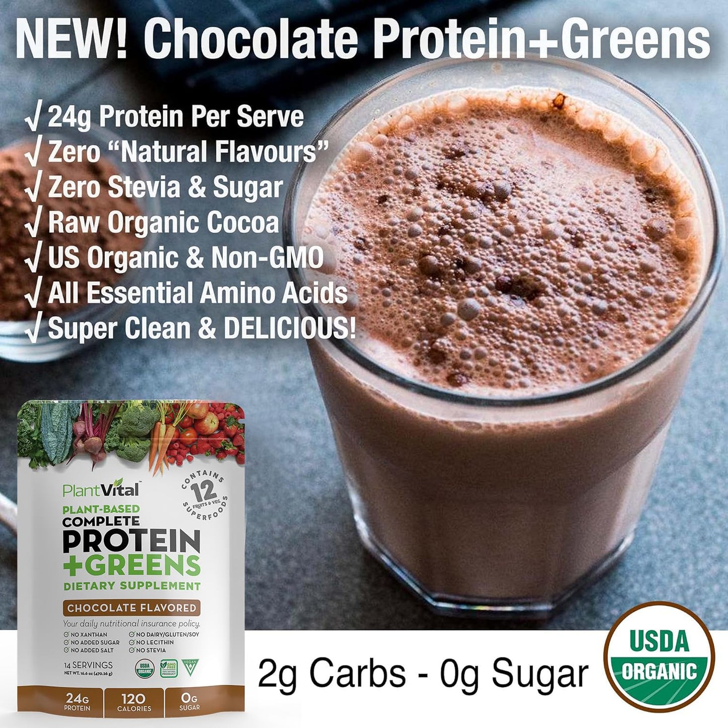 PlantVital Vegan Protein Powder, Chocolate, Plant Based, Organic, Gluten-Free, Keto-Friendly, 16 oz