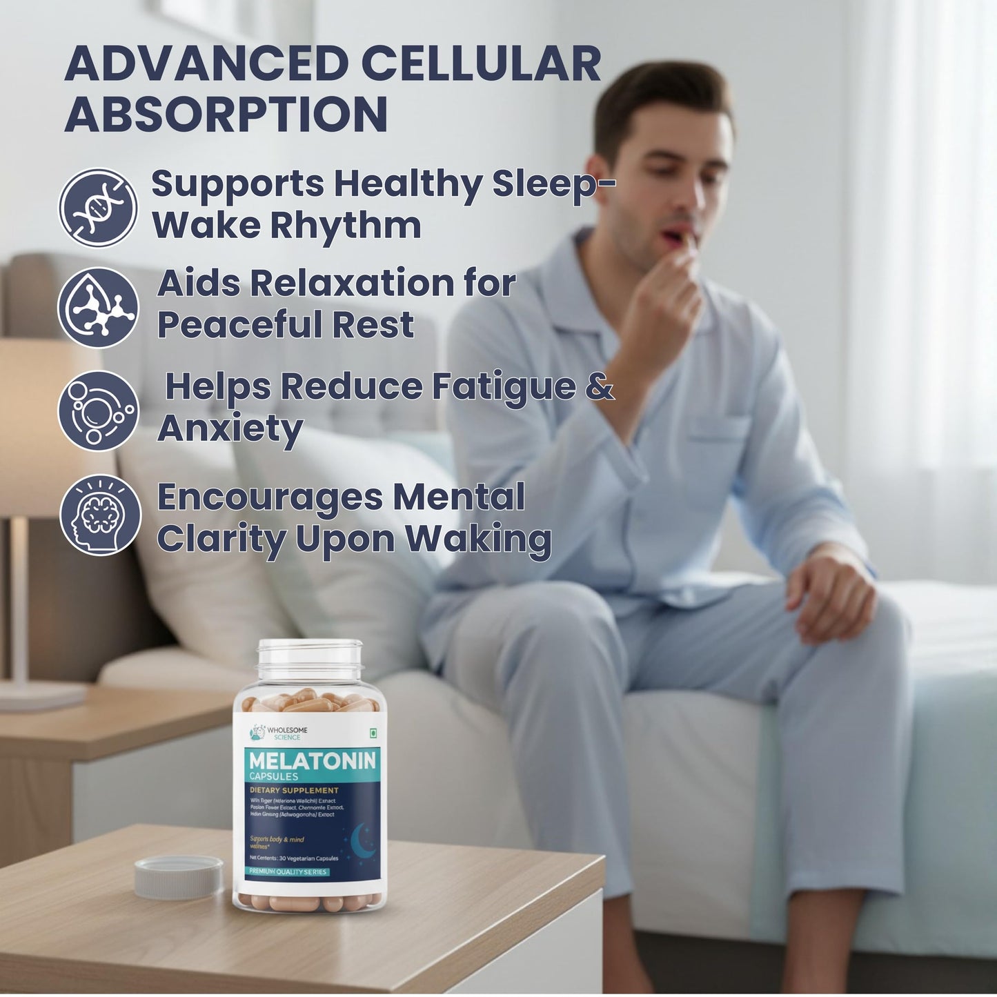 WHOLESOME SCIENCE Melatonin 10 mg Capsules with Herbal Extracts for Sleep & Relaxation – Non-GMO, Vegan, Soy-Free, Third-Party Lab Tested, 30 Capsules