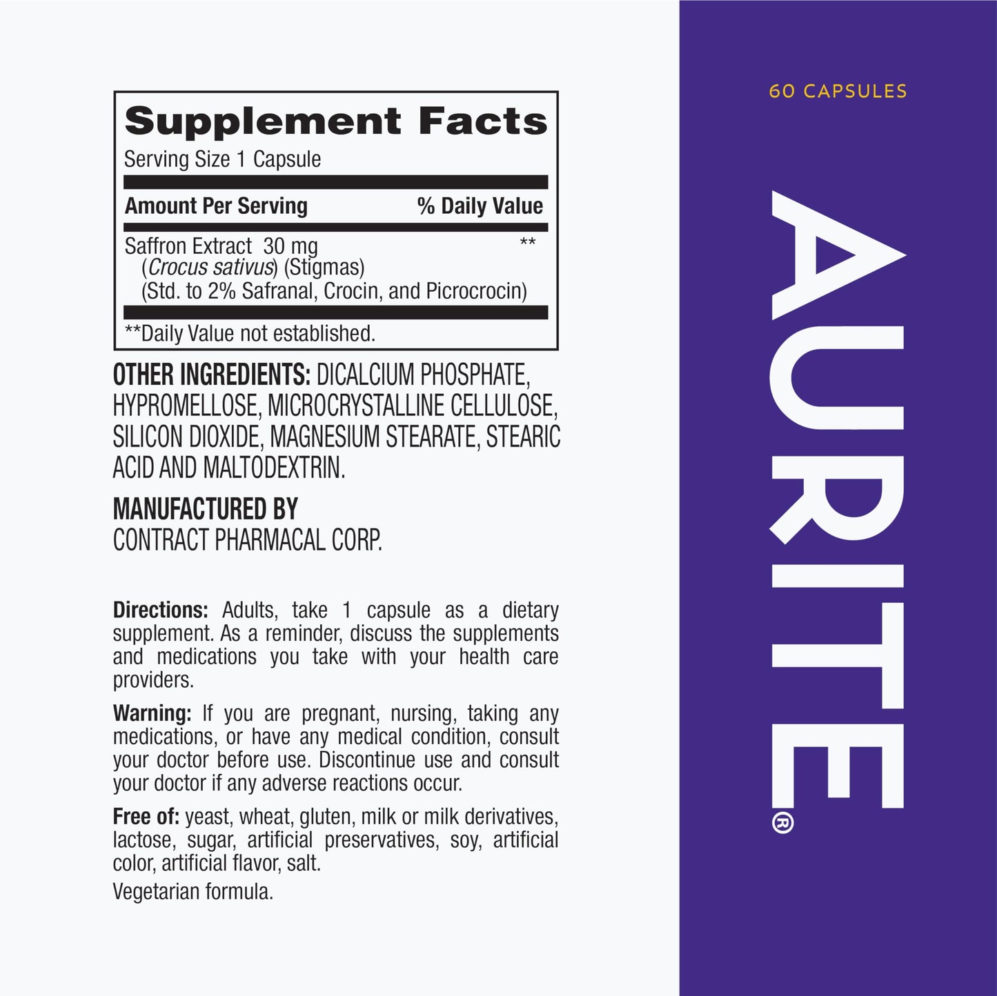 Aurite Saffron Supplement 30mg Capsule 60 Count