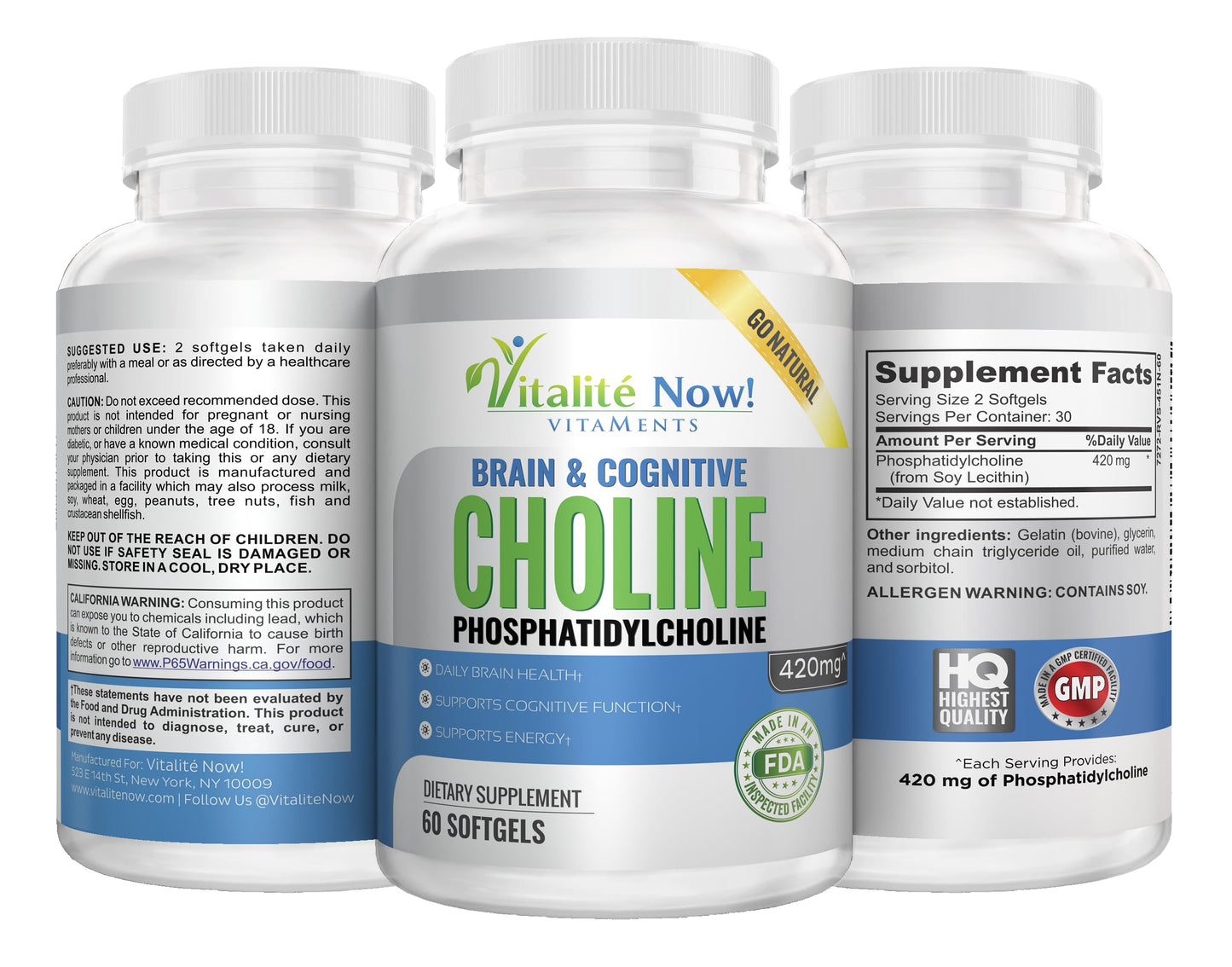 Vitalité Now! Choline Phosphatidylcholine Softgels 420mg, 60 Count