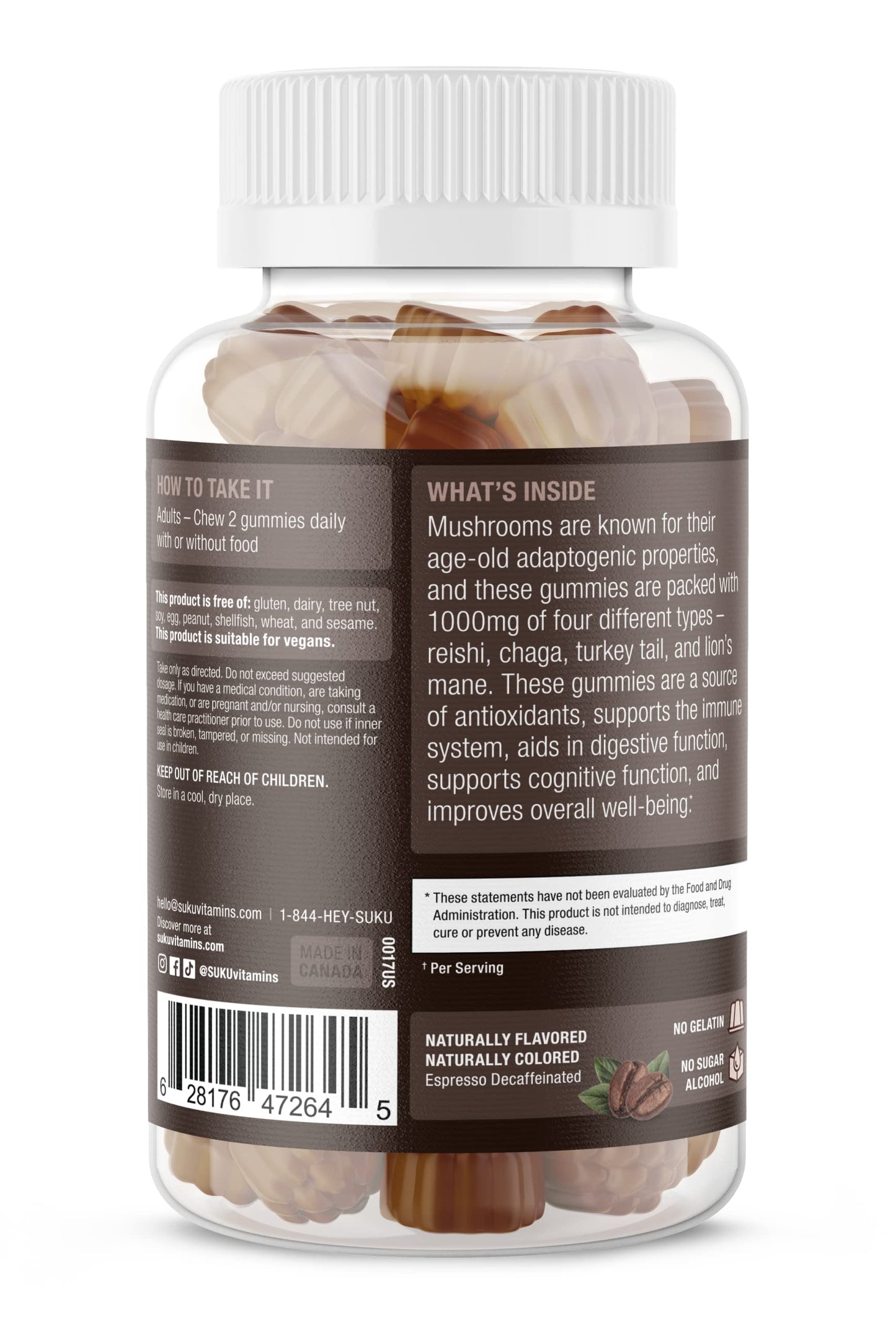 SUKU Super Mushroom - Reishi Chaga, Turkey Tail & Lions Mane Blend Gummies for Immunity Espresso Decaffeinated Flavored 50 Gummies
