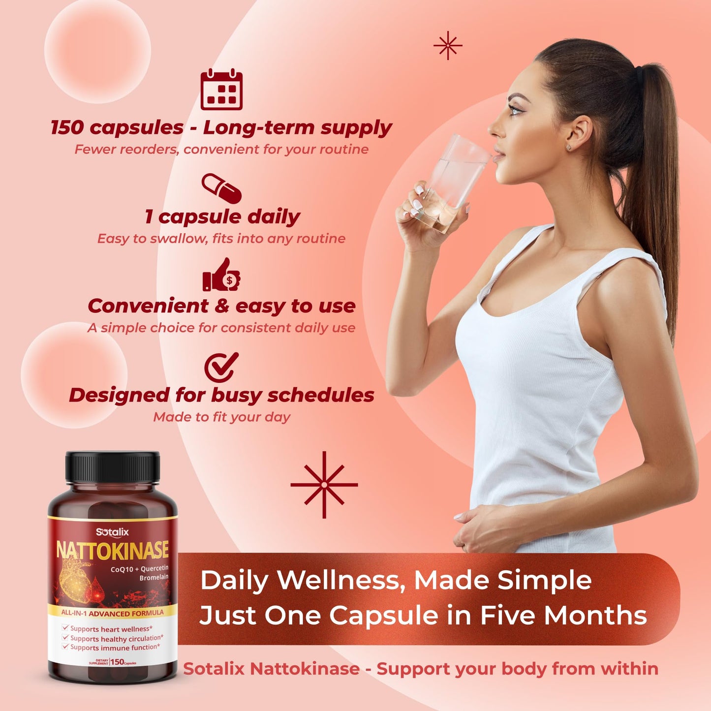 SOTALIX SUPPLEMENT Nattokinase with CoQ10 + Red Yeast Rice Quercetin + Bromelain - Immune Booster Capsule, 150 Capsules