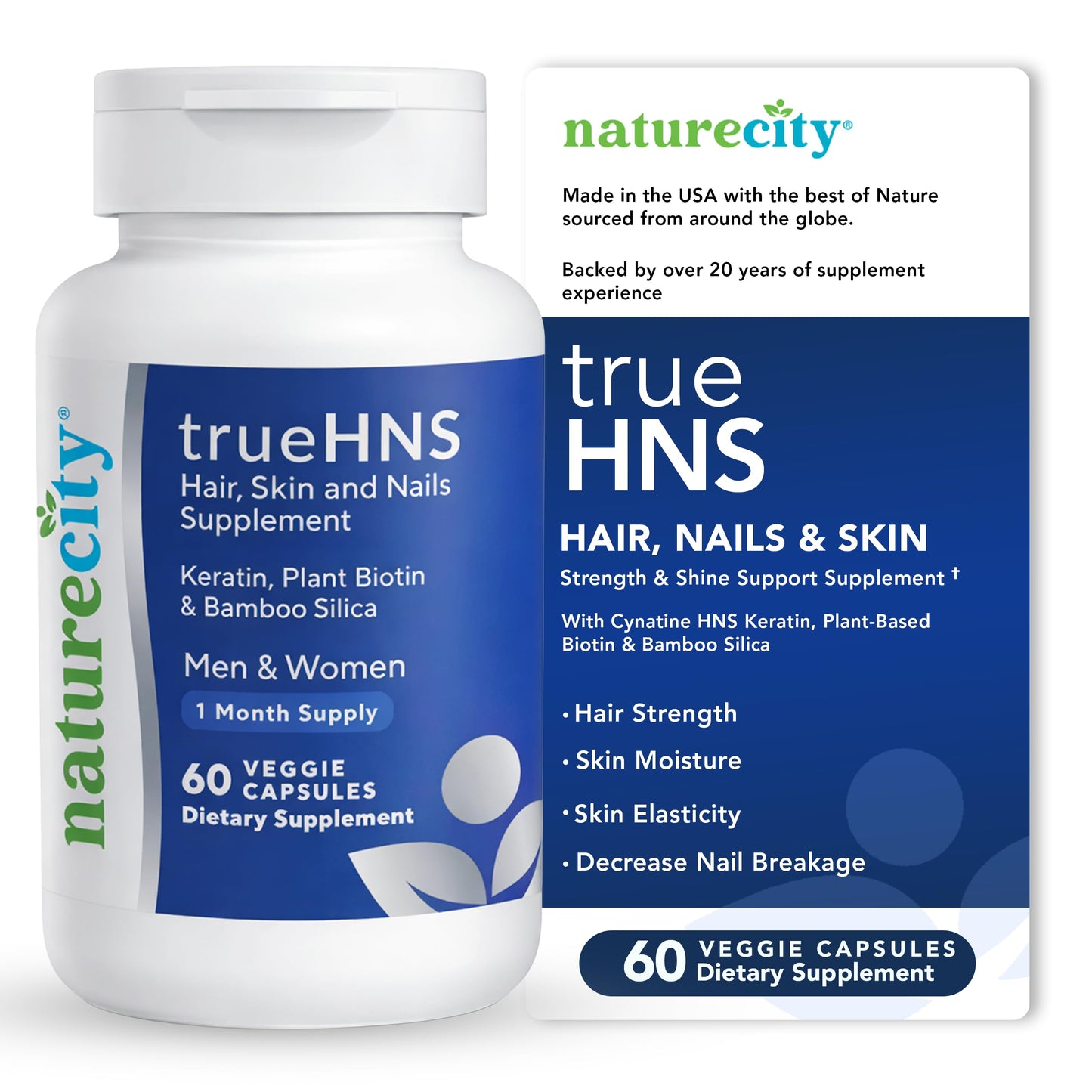 NatureCity True-HNS Hair Nails and Skin Cynatine Keratin and Plant Based Biotin Vitamin Supplement Capsules 60 Veggie Capsules Non-GMO