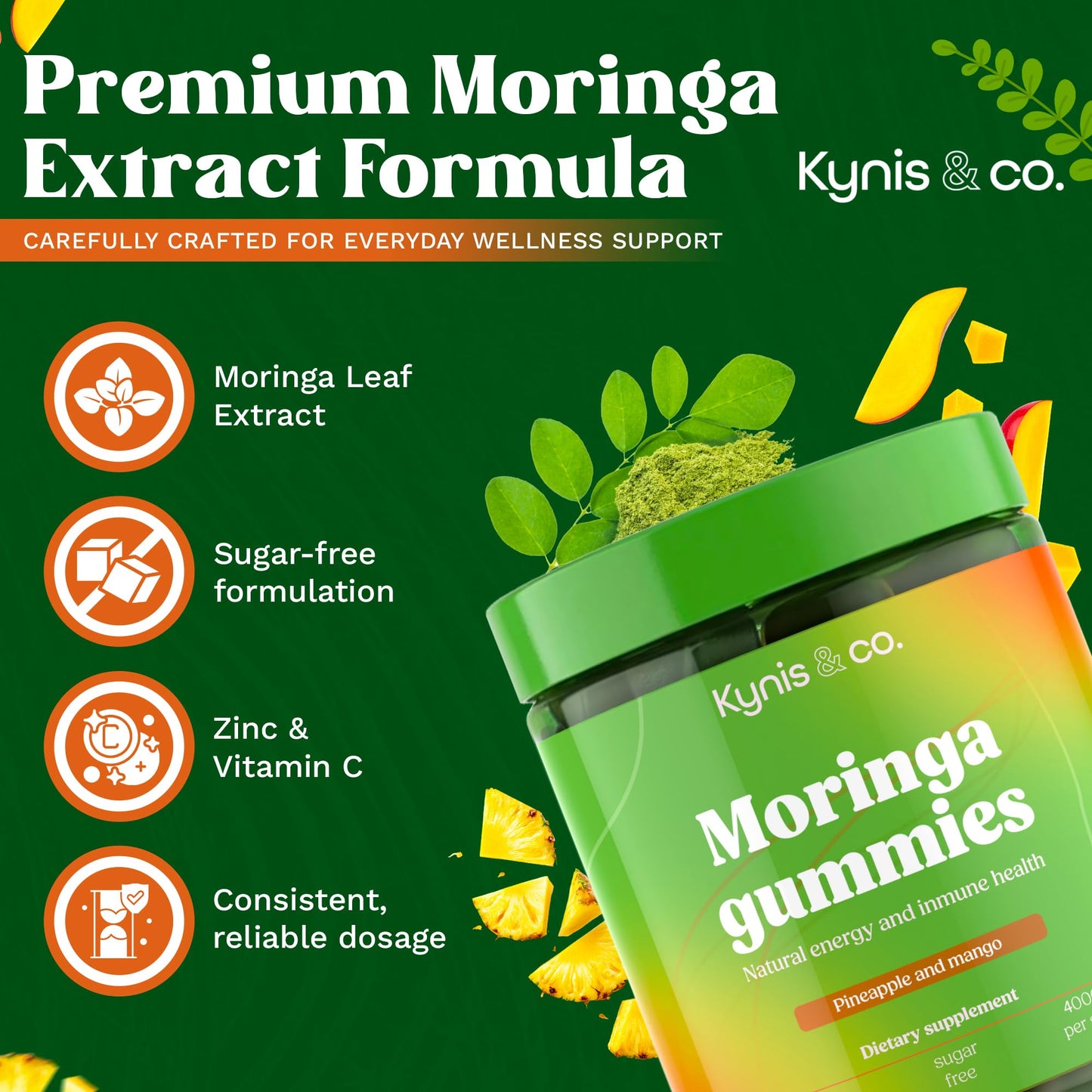 Kynis & co. Moringa Gummies – 400mg Moringa Leaf Extract with Zinc & Vitamin C – Sugar-Free, 60 Gummies