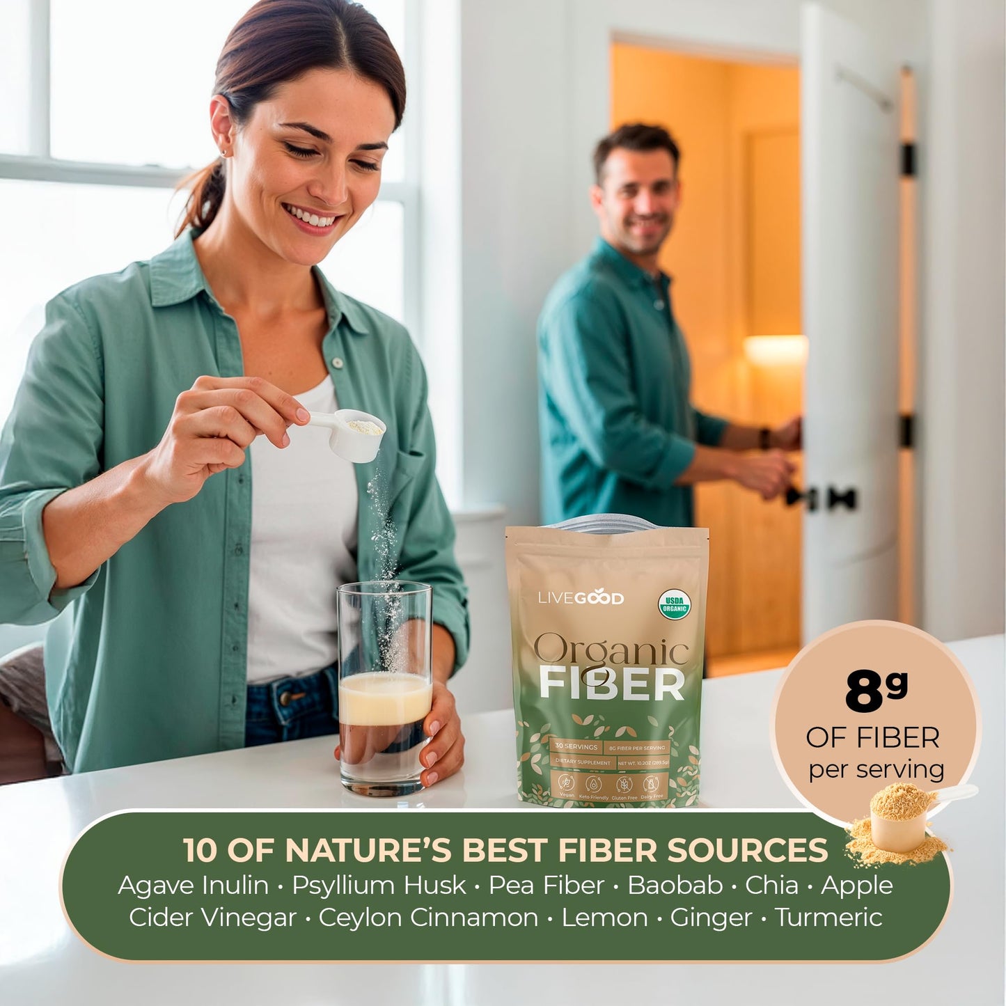 LIVEGOOD Organic Fiber Powder with Agave Inulin, Psyllium Husk, Pea Fiber, 10 Plant-Based Sources for Digestion Detox, Gut Support and Daily Wellness Organic Fiber Supplement, 10.2 Ounce