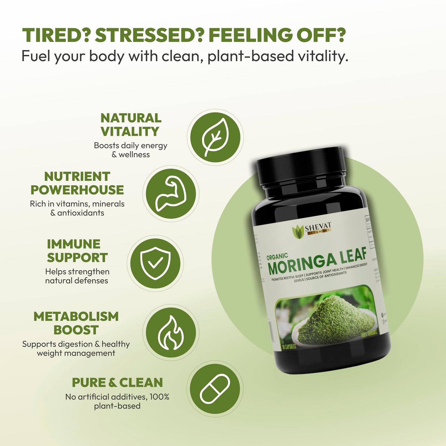 SHEVAT VITAMINS Organic Moringa Leaf 1000mg, 90 Capsules