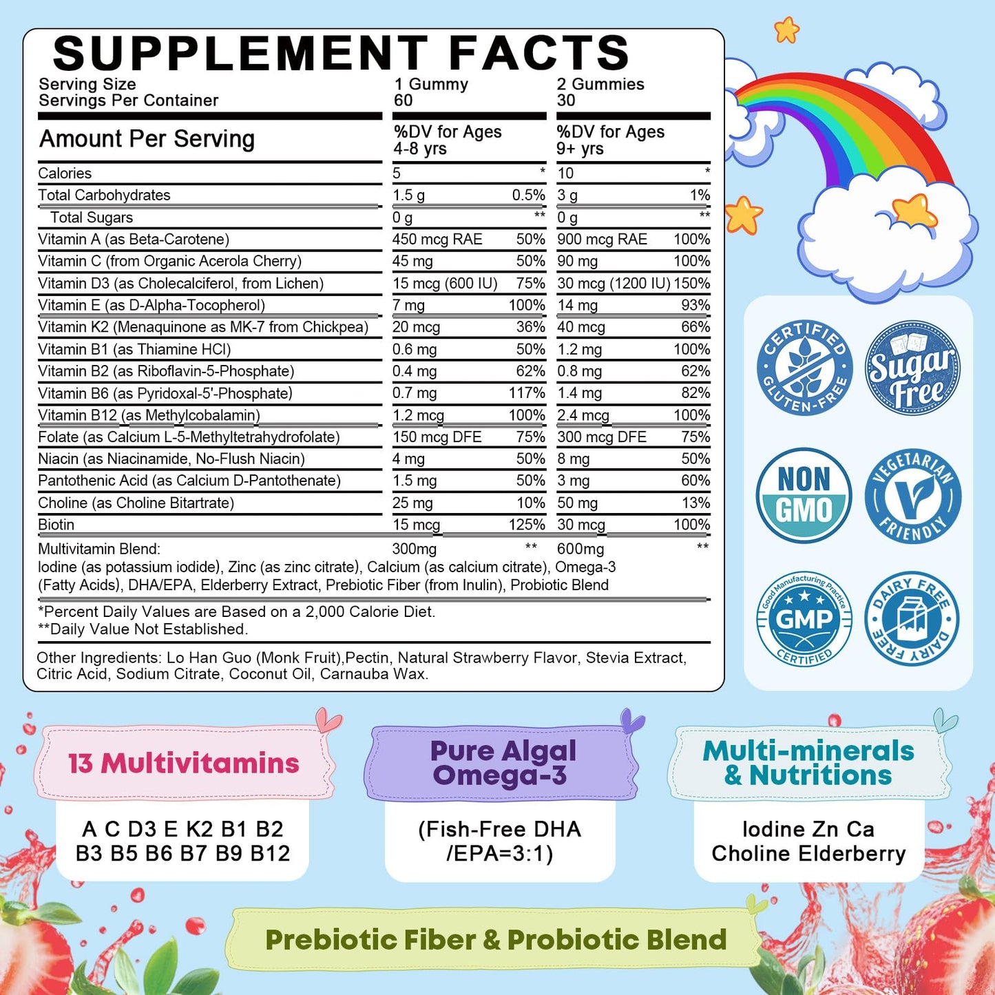 YANLUOBO Kids Multivitamin Gummies with Omega-3 DHA+EPA, 60 Gummies