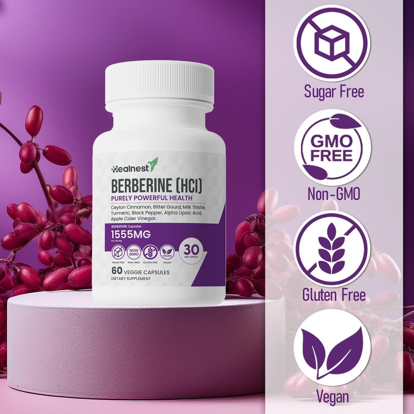 HEALNEST Berberine HCl 500 mg with Ceylon Cinnamon, Turmeric, Milk Thistle, Bitter Gourd & Alpha Lipoic Acid Capsules, 60 Count