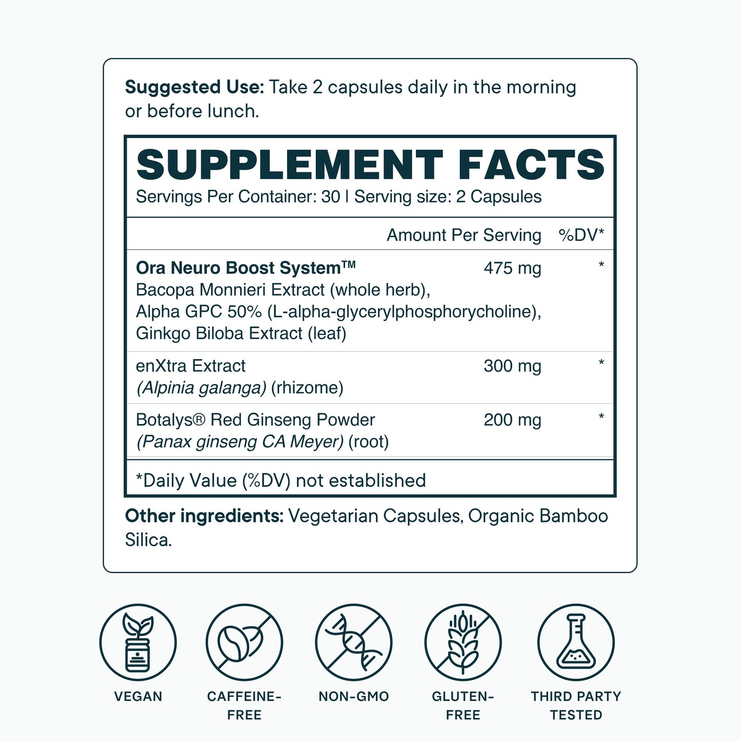 Ora Organic Brain Health Supplement for Focus, Mental Energy + Memory - Panax Red Ginseng, Bacopa Monnieri, Alpha GPC & EnXtra, 60 Capsules