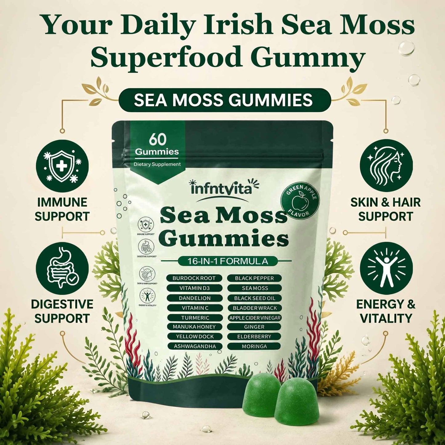 YALGET Sea Moss Gummies 16-in-1 with Ashwagandha, Black Seed Oil, Ginger, Turmeric, Manuka Honey, Black Pepper, Moringa, Elderberry – Daily Wellness & Immune Support – Apple Flavor, 60 Gummies