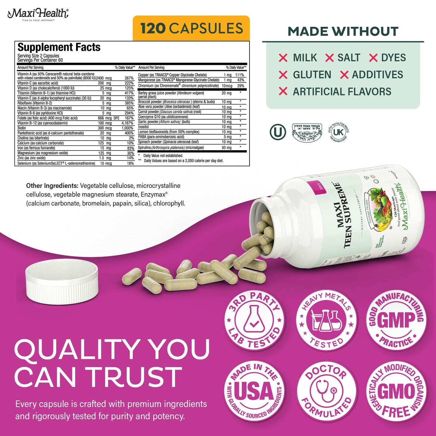 Maxi Health Teen Vitamins for Girls 12-17 Capsules, 120 Count