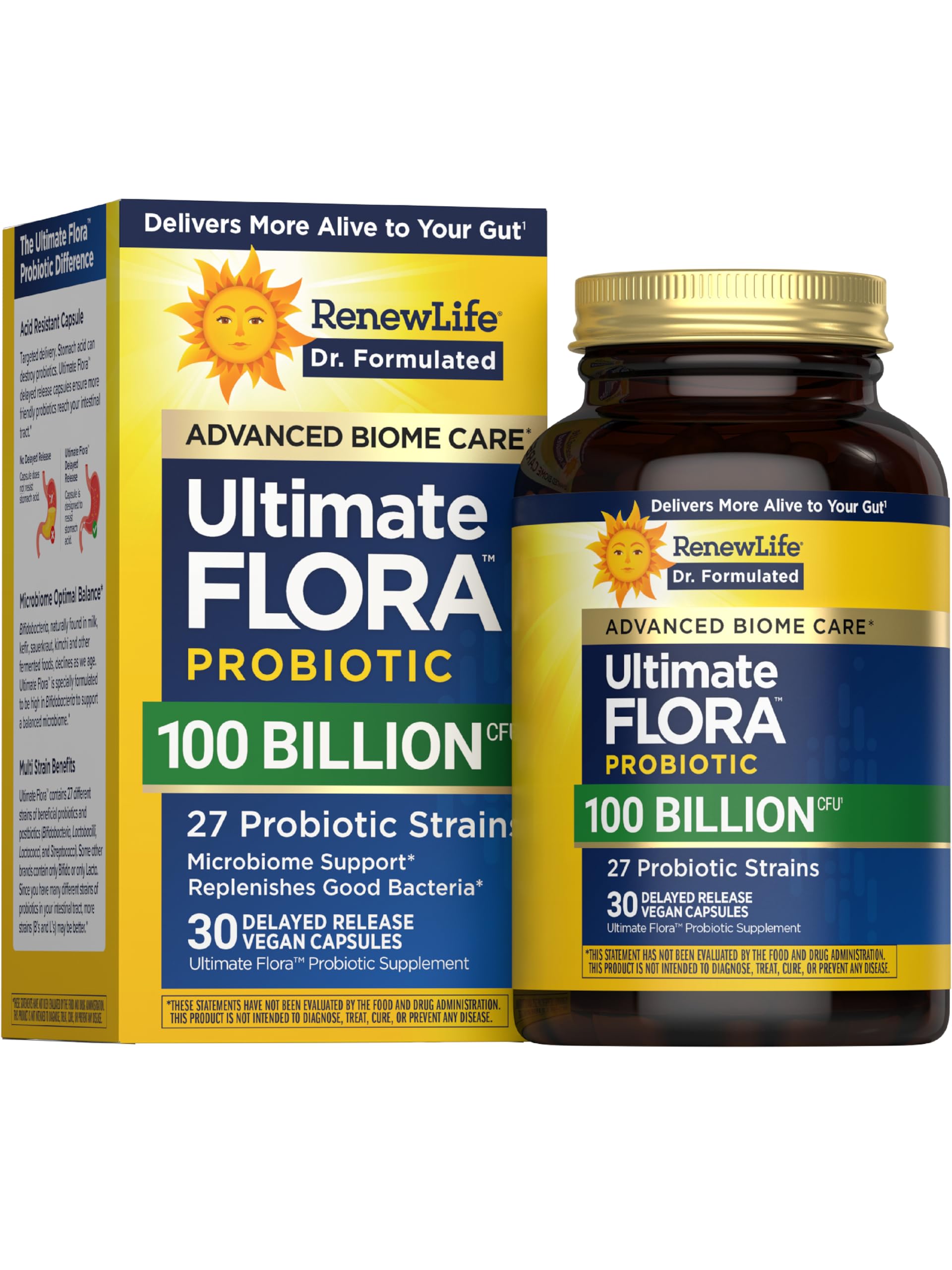 Renew Life Ultimate Flora Probiotics 100 Billion CFU Delayed Release Vegan Capsules, 30 Count