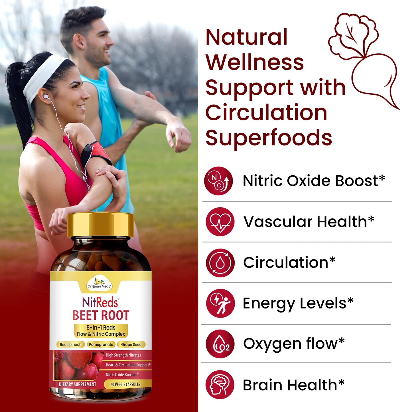 Organic Veda NitReds Beet Root Nitric Oxide Supplement, Nitrates Complex from Grape Seed & Pomegranate, Red Spinach & Beets for Heart Health - Flow & Circulation Super Reds for Men & Women, 60 Tablets