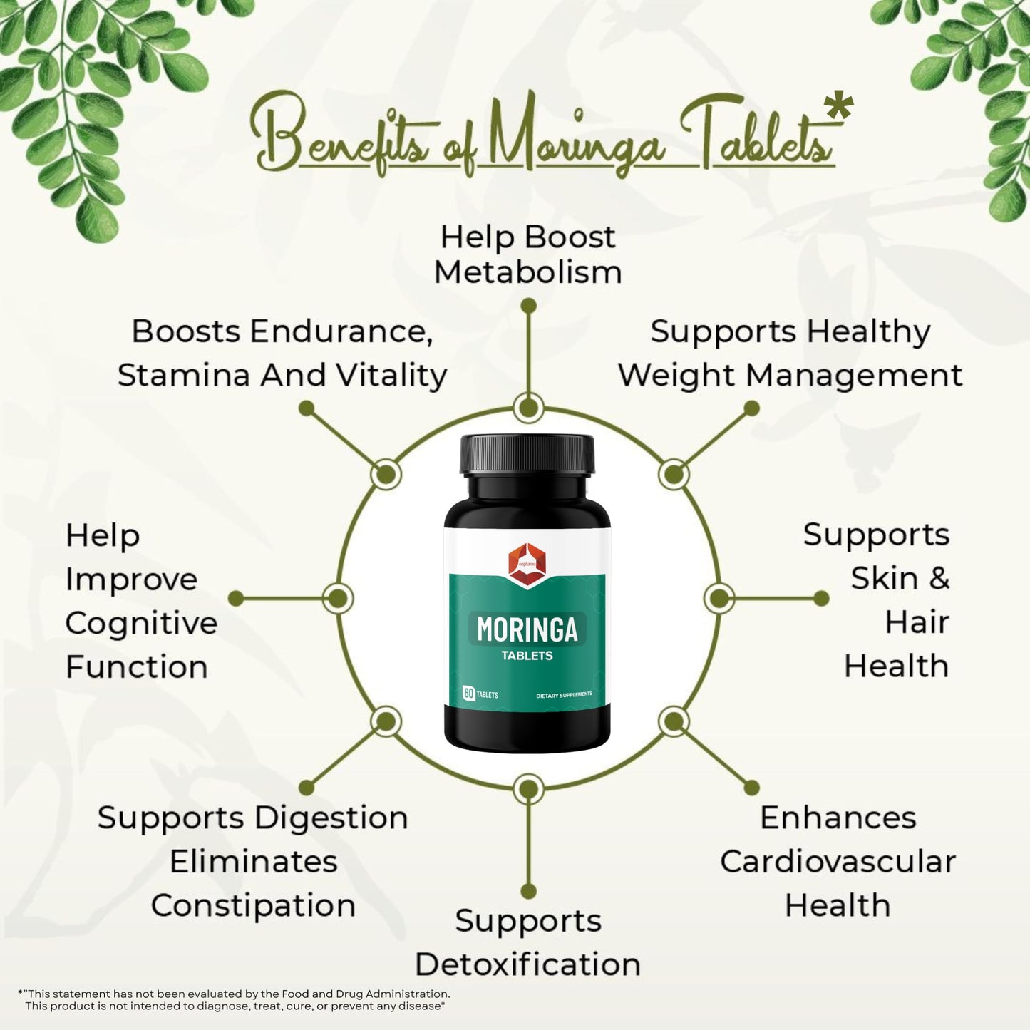 Onpharno Moringa Tablets 1000mg Organic Moringa Oleifera Leaf Powder Natural Herbal Supplement Vegan Non-GMO 60 Tablets