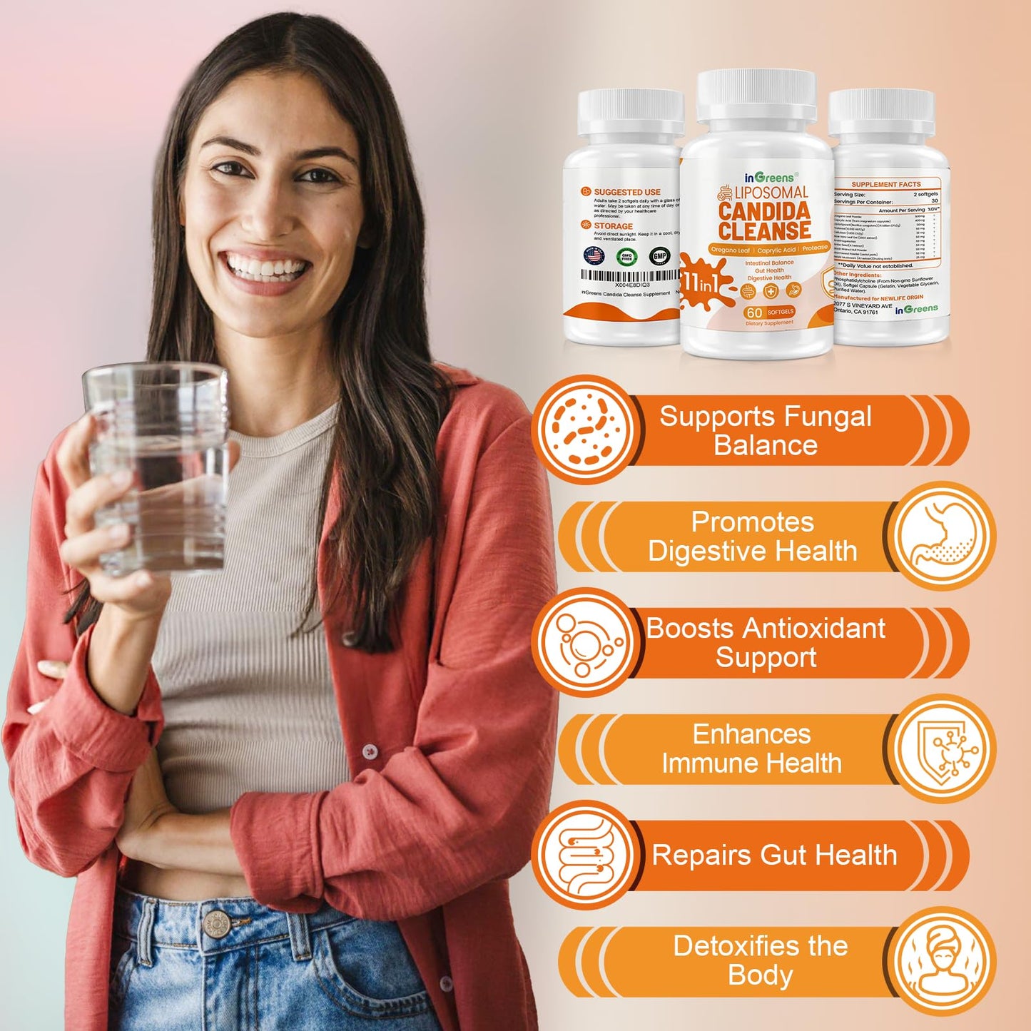 inGreens 11-in-1 Candida Support Supplement, Antifungal Overgrowth, Intestinal Detox & Gut Health for Women & Men, Balance Probiotic, Natural Herbal Oregano & Caprylic Acid Softgels 300