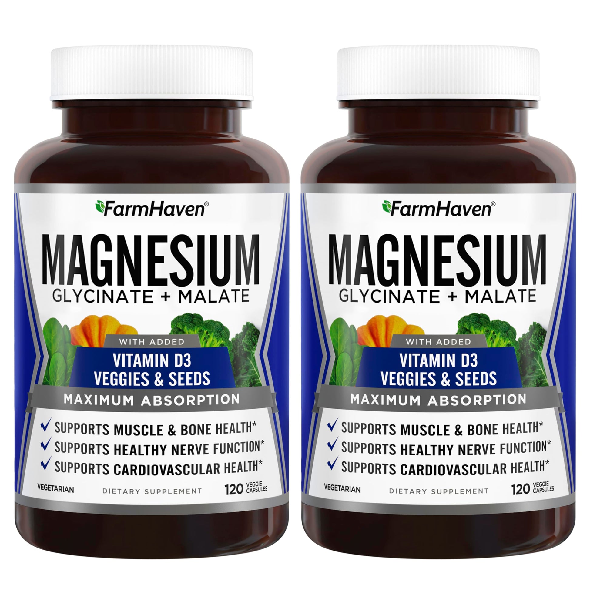 FarmHaven Magnesium Glycinate & Malate Complex with Vitamin D3, 100% Chelated for Max Absorption, Bone Health, Nerves, Muscles, 240 Capsules
