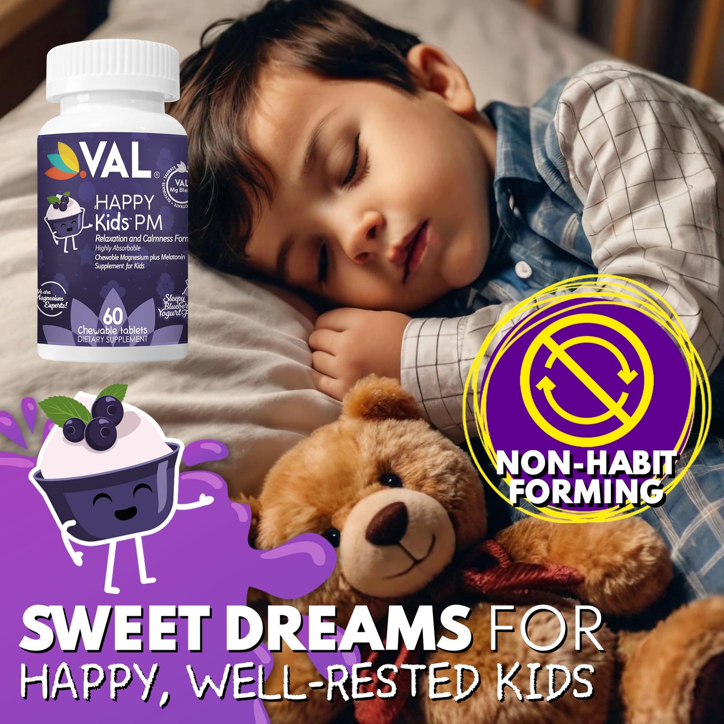 VAL Happy Kids PM Sleep Support for Kids with Magnesium, Melatonin, Vitamin B6 & C, 60 Tablets