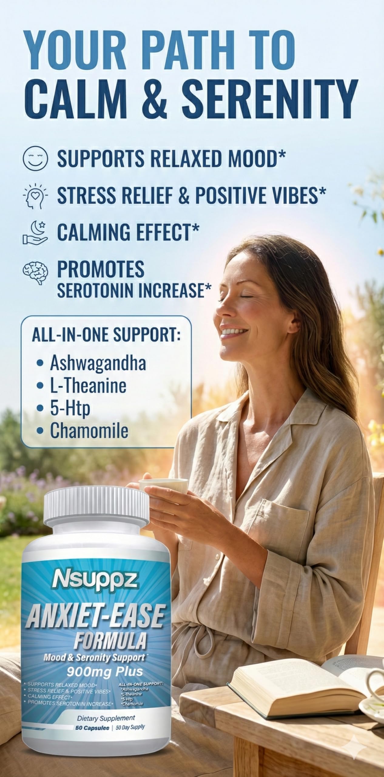 Global Creations Natural Mood & Serotonin Support - Nutrisuppz Anxiet-Ease Formula with Ashwagandha, L-Theanine, GABA, 5-HTP, Magnesium Capsules 60