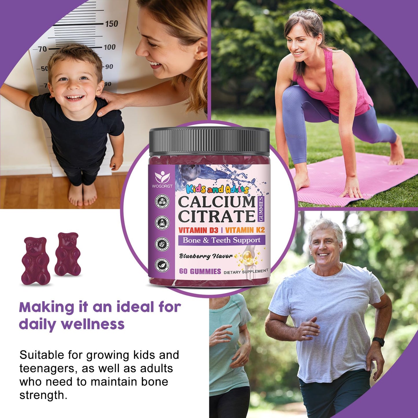 WOGORGT Calcium Citrate 600mg with Vitamin D3 & K2 Gummies for Kids & Teens, 120 Count