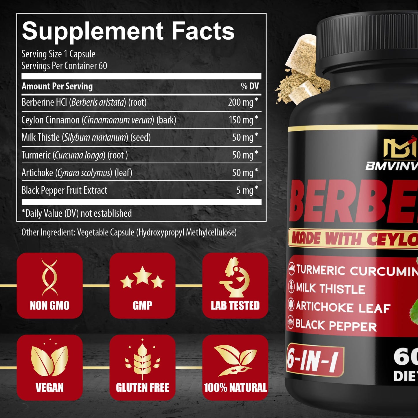 BMVINVOL Berberine Supplement with Ceylon Cinnamon, Turmeric, Artichoke, Milk Thistle Capsules, 60 Count