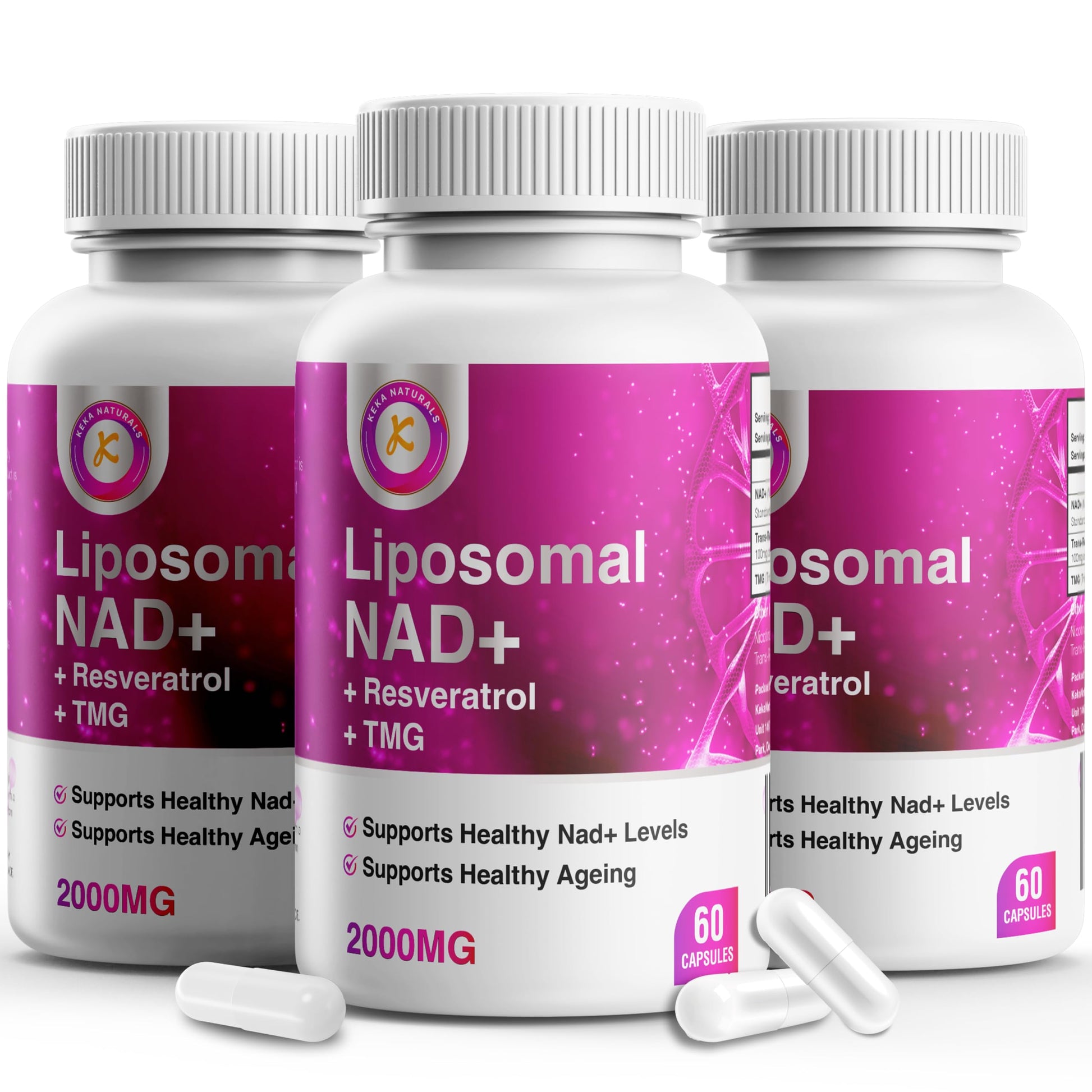 Keka Naturals Pure NAD Resveratrol and TMG 2000mg 3-in-1 Advanced Formula Immune & Energy Support Skin & Overall Health 60 Capsules