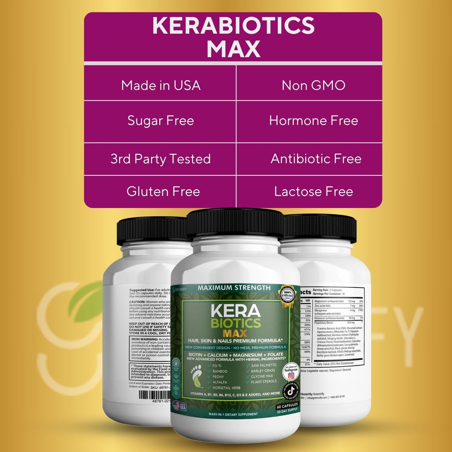 GREENVIFY Kerabiotics Max Hair, Skin & Nails Premium Formula Capsules, 120 Count