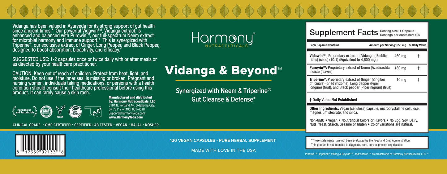 Harmony Nutraceuticals Vidanga & Beyond High Potency Extract with Neem & Triperine Gut Cleanse & Defense Support Capsules, 120 Vegan Capsules