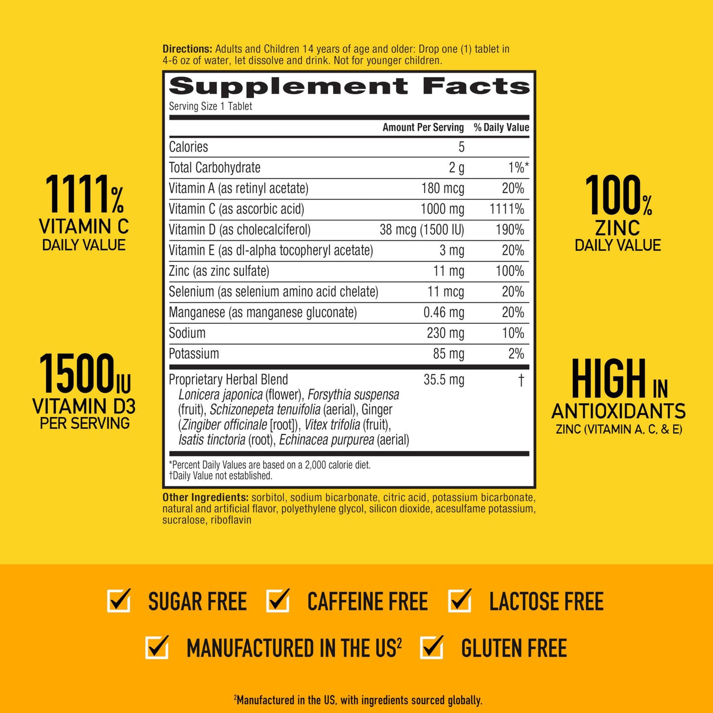 Airborne 1000mg Vitamin C + Zinc Sugar Free Multivitamin Immune Support Tablets, 30 Tablets
