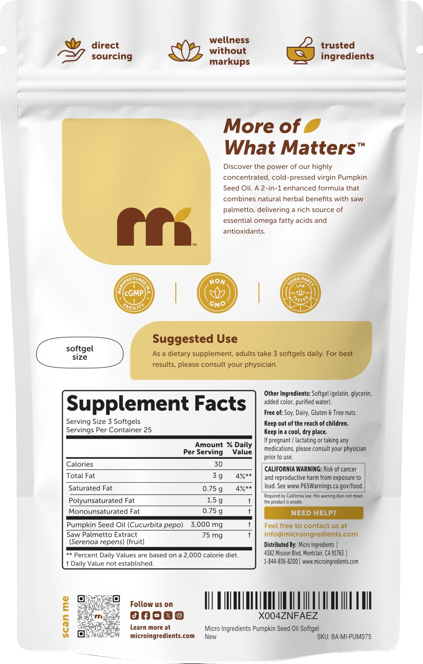 Micro Ingredients Pumpkin Seed Oil with Saw Palmetto Softgels, 75
