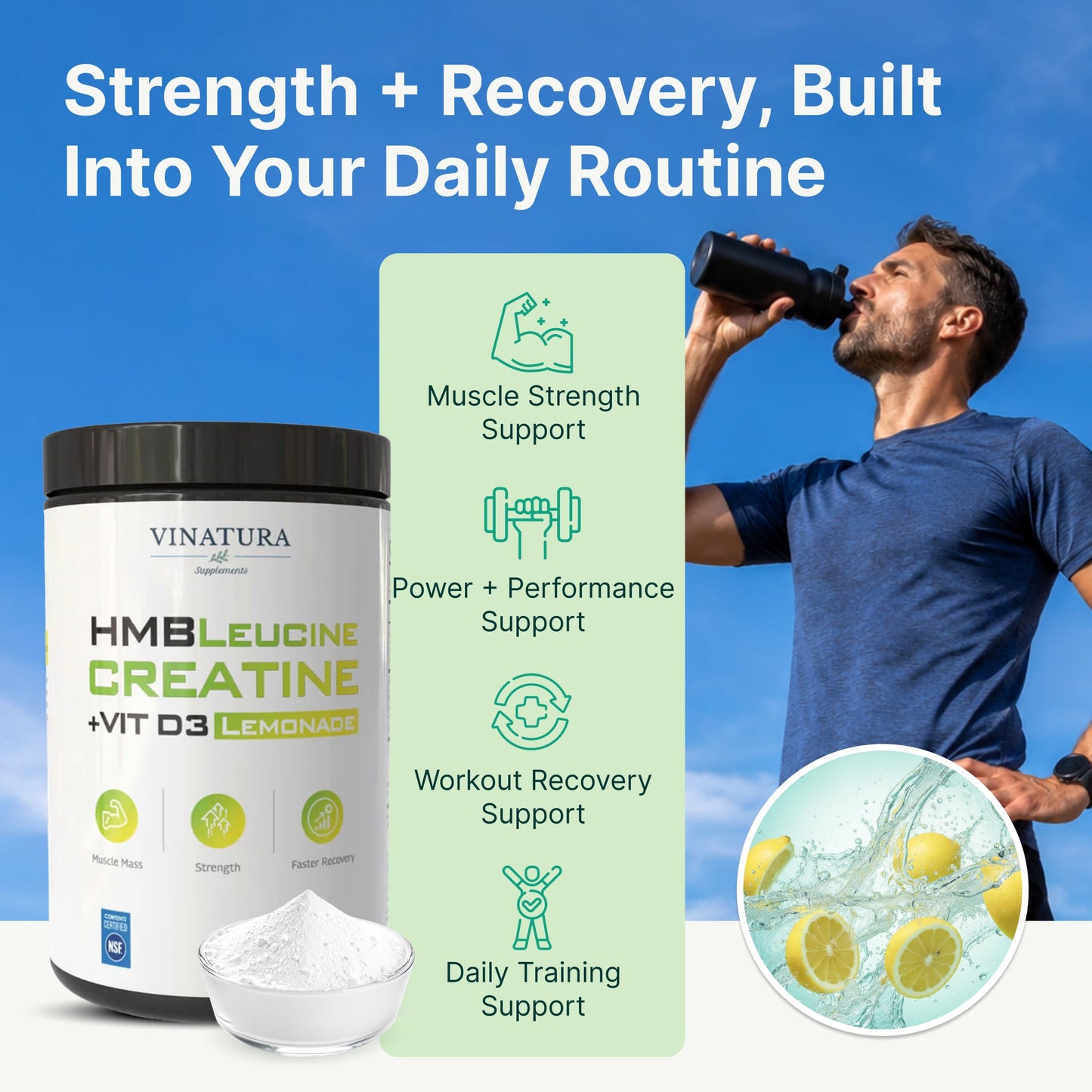 VINATURA Creatine HMB Powder with Leucine Supplements - Muscle Defense, 16.4