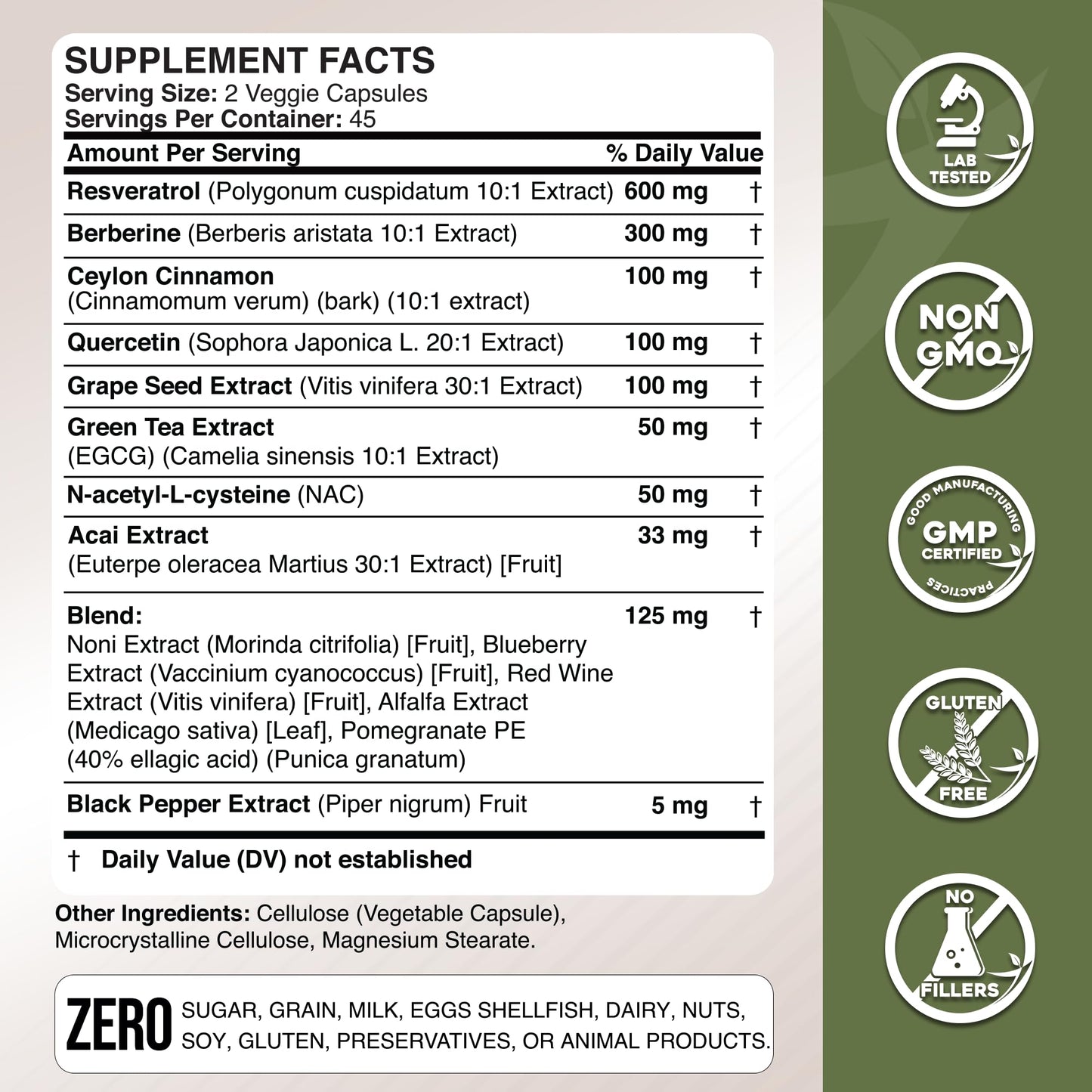 GADE NUTRITION BOOST YOUR HEALTH Resveratrol Berberine Quercetin Grape Seed Extract Green Tea Extract N-Acetyl Cysteine - 14 in 1 Complex Supplement for Women & Men with Potent Antioxidants 90 Capsules