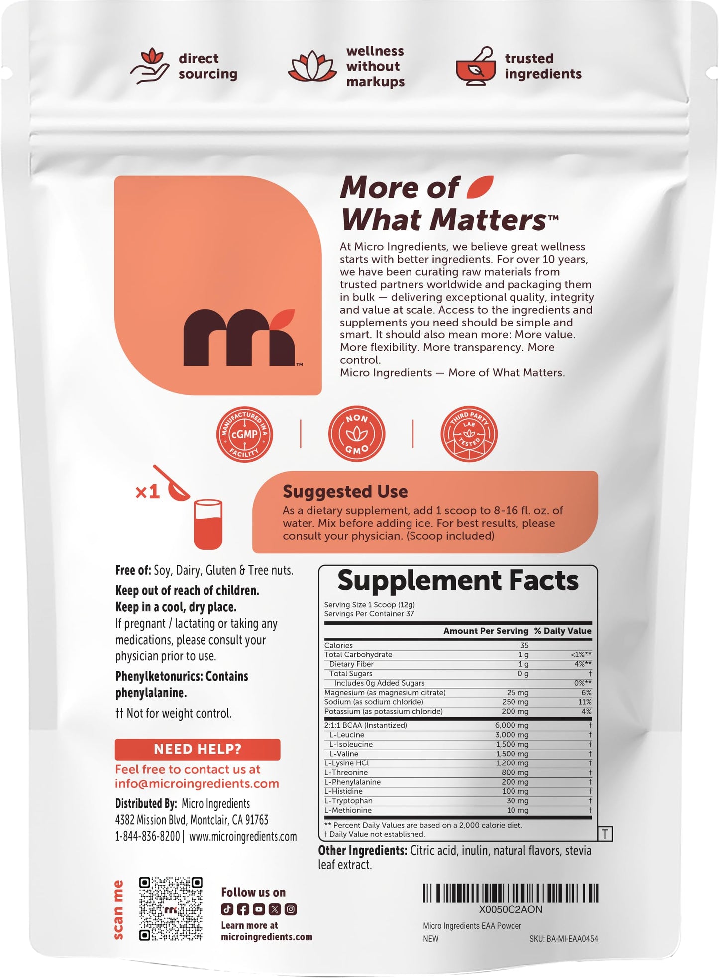 Micro Ingredients EAA + BCAA Powder Watermelon, 16 Servings, 8g Per Serving, Electrolytes, Intra & Post Workout, 2:1:1 BCAA, Sugar Free, Non-GMO