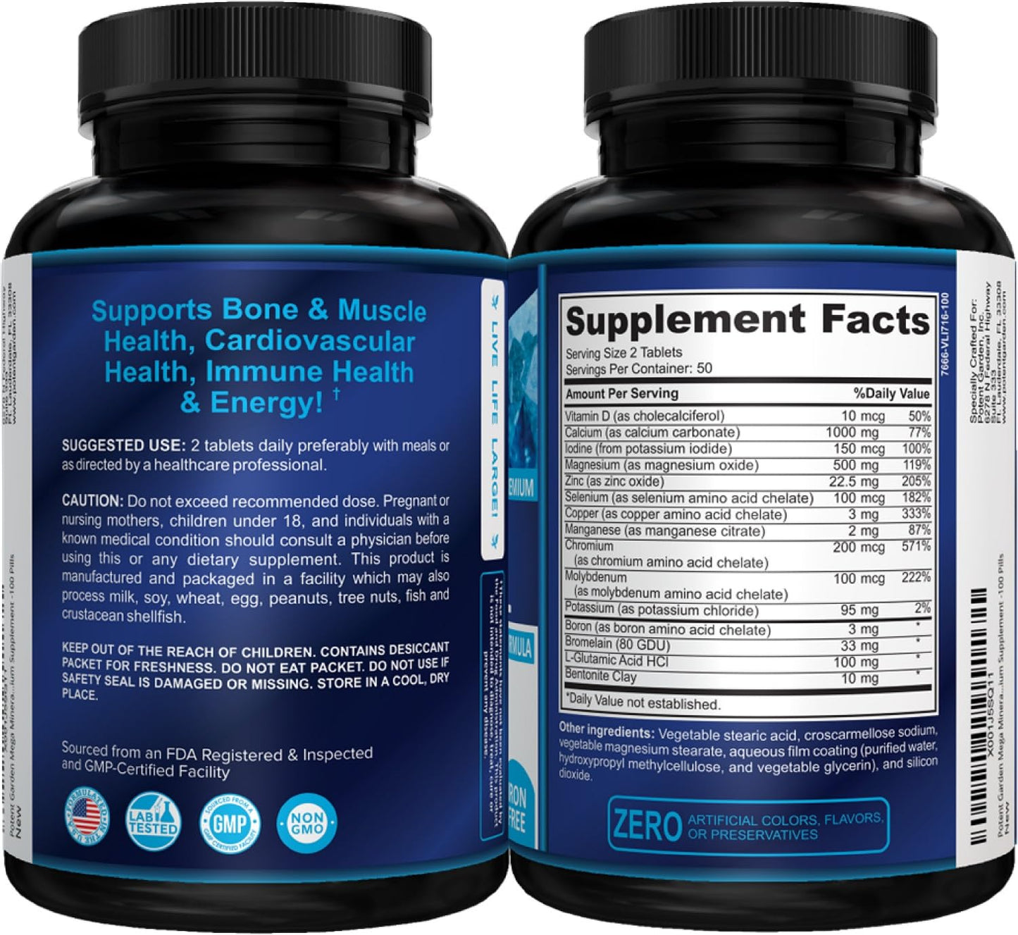 Potent Garden Mega Mineral Supplement Complete Mineral Complex with Calcium Magnesium Zinc Potassium Boron Selenium Chromium & 72 Trace Minerals Iron Free Calcium Supplement, Tablets, 200 Count