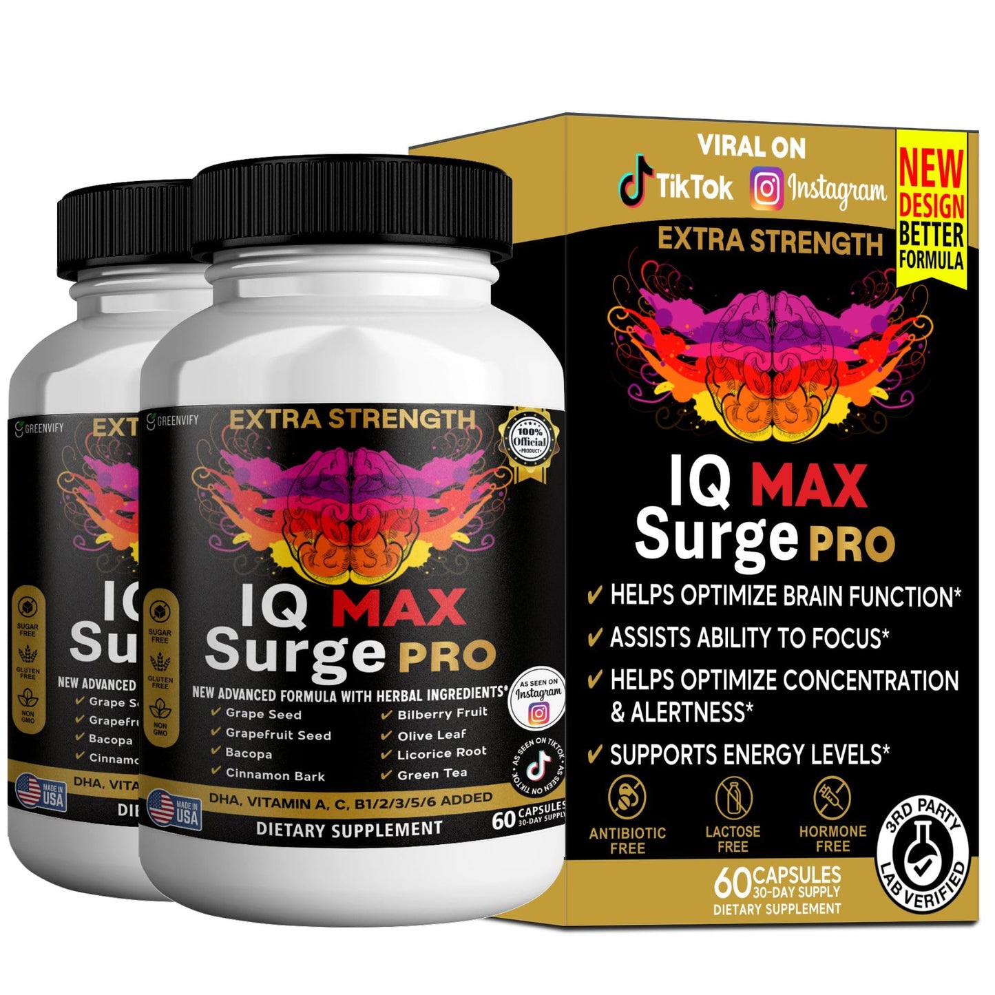 GREENVIFY IQ Max Surge Pro Brain Supplement Extra Strength with Herbal Ingredients 60 Capsules