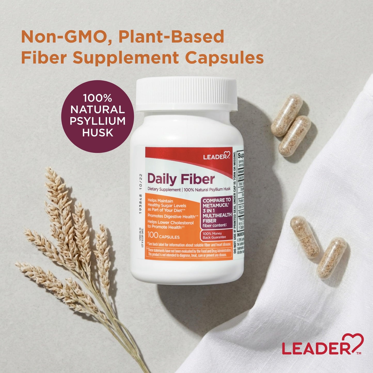 Leader Psyllium Husk Powder Supplement Capsule, 100 Capsules
