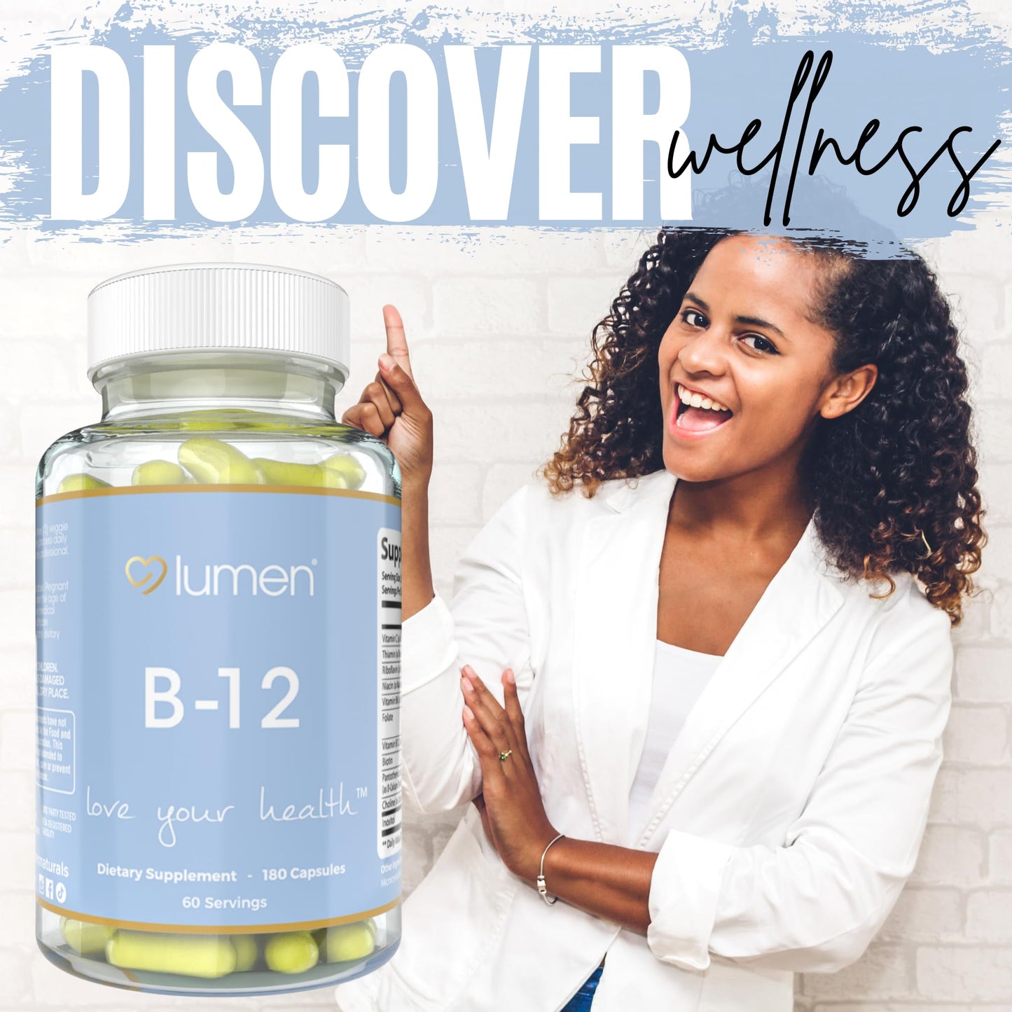 Lumen Naturals B-12 Complex for Women 3000mcg Per Serving with Vitamin C & Biotin Capsules, 180 Count