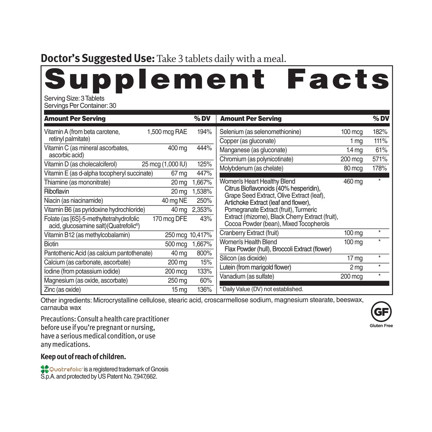 Dr. Sinatra Heart Healthy Multivitamin for Women with Vitamin D 1000 IU, A, B12, C, E, Biotin, Folate, and Zinc, 90 Tablets