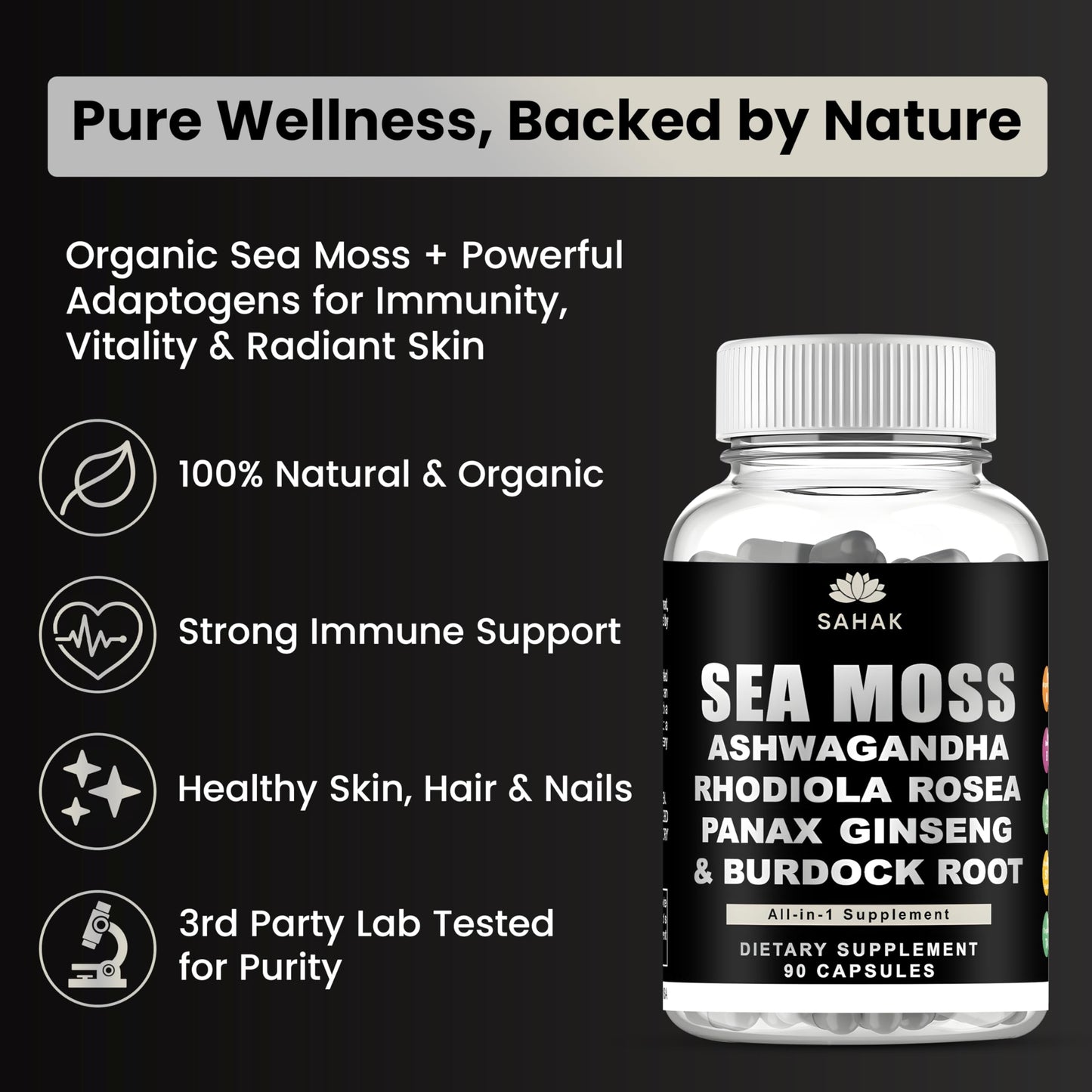 SAHAK Organic Sea Moss Capsules with Ashwagandha, Rhodiola, Panax Ginseng & Burdock Root, 90 Count