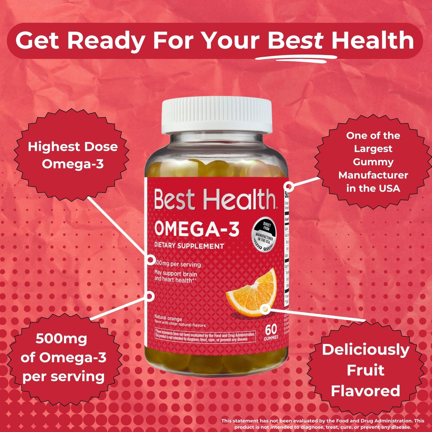 Best Health Omega-3 Gummies Made from Algae, 500mg per Serving, Natural Orange Flavor, 60 Count